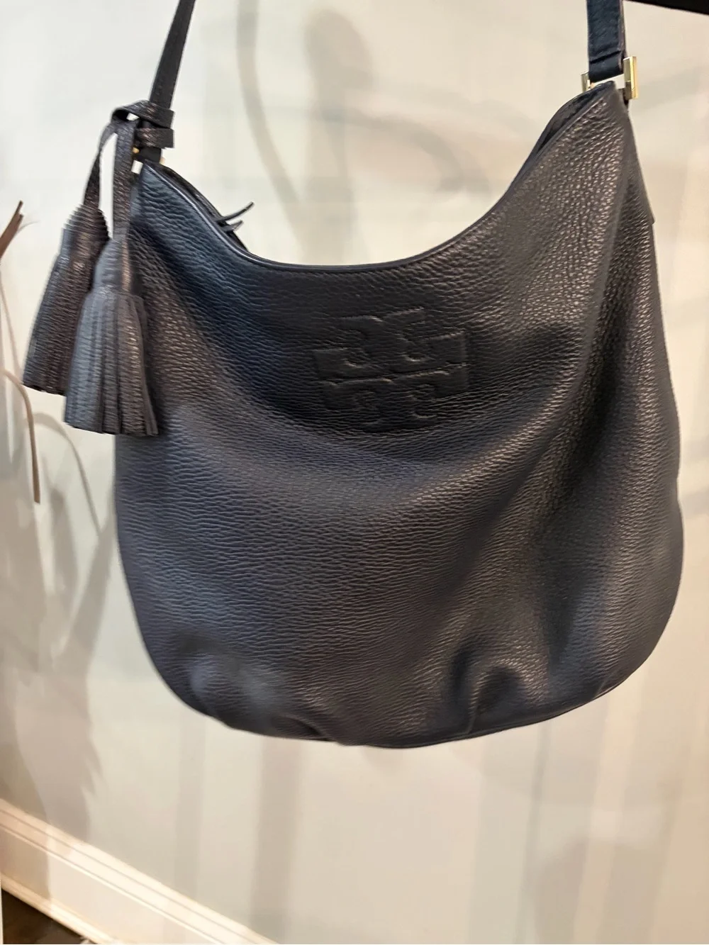 Tory Burch Navy Pebbled Leather Shoulder Hobo with Tassel